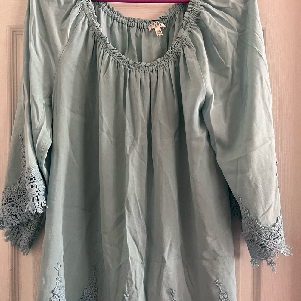 Spense Light Blue Blouse with Lace Accents